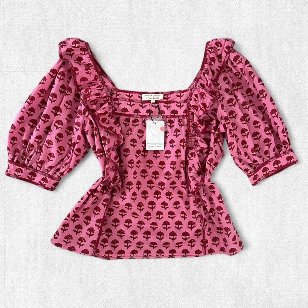 Ophelia & Indigo Bohemian Pink Floral Ruffle Puff Sleeve Peasant‎ Blouse Medium